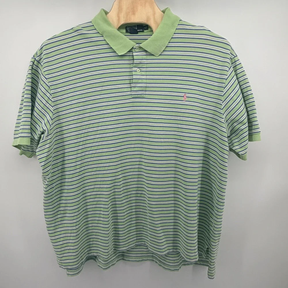 Polo Ralph Lauren Polo Shirt Mens 4XB Green Blue Striped Short Sleeve Cotton